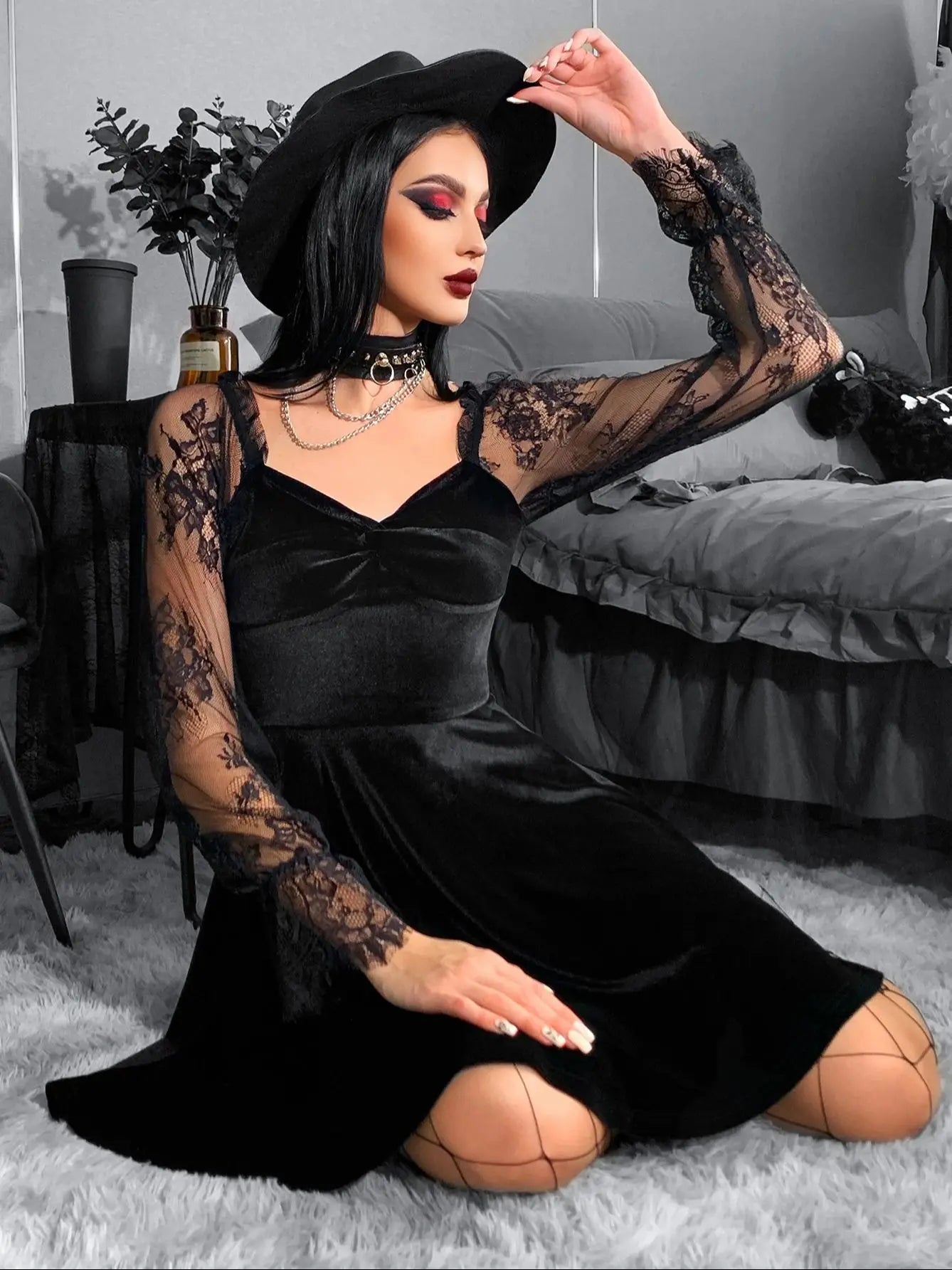 Velvet Lace Lantern Sleeve Twisted 40s 50s Retro V Neck Backless Bodycon Goth Outfit