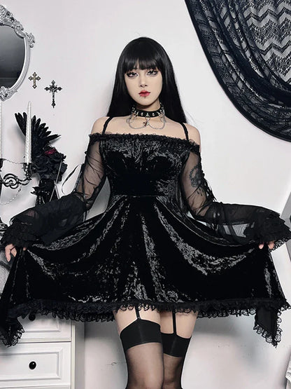 Irregular Flare Sleeve Gothic Steampunk Lace Off Shoulder Renaissance Party Cosplay Lolita Outfit