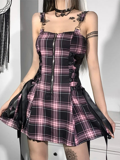 Plaid Bandage Aesthetic A-Line Vintage Zipper Harajuku Sleeveless Fashion Y2K Punk Dress