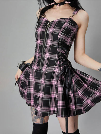 Plaid Bandage Aesthetic A-Line Vintage Zipper Harajuku Sleeveless Fashion Y2K Punk Dress
