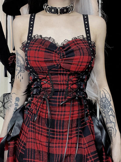 Red Plaid Street Goth Fairy Y2K Pleated Lace-Up Tube Lolita Eyelet Corset Mini Dress