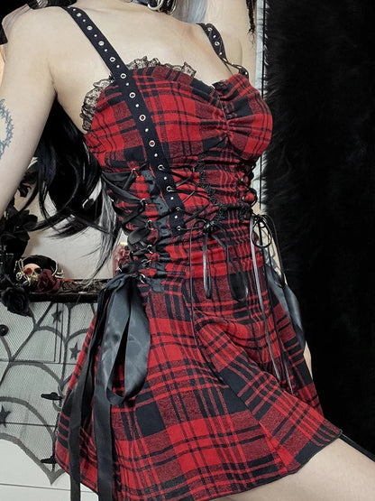 Red Plaid Street Goth Fairy Y2K Pleated Lace-Up Tube Lolita Eyelet Corset Mini Dress