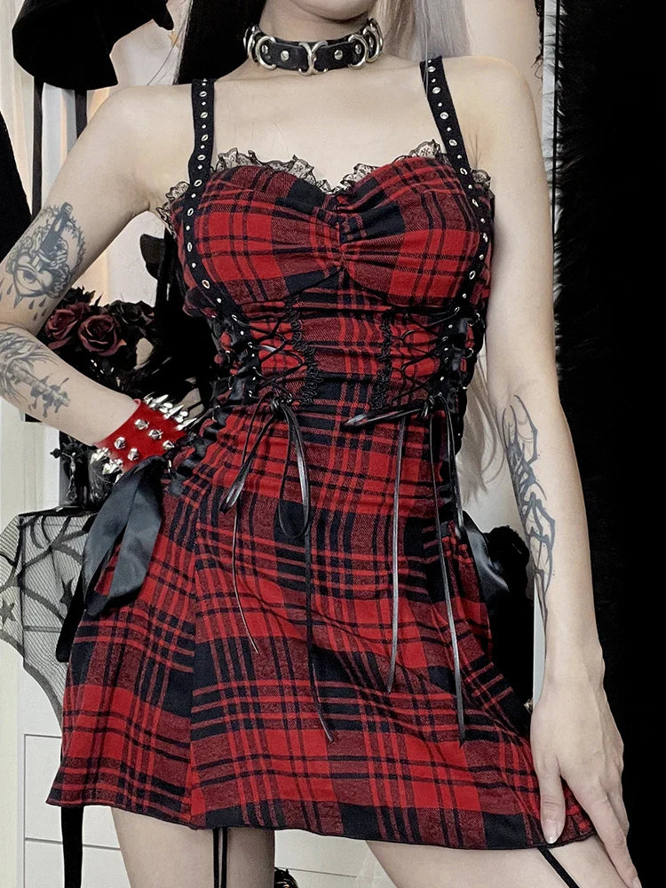 Red Plaid Street Goth Fairy Y2K Pleated Lace-Up Tube Lolita Eyelet Corset Mini Dress