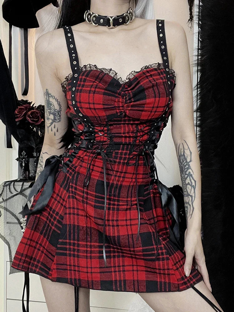 Red Plaid Street Goth Fairy Y2K Pleated Lace-Up Tube Lolita Eyelet Corset Mini Dress