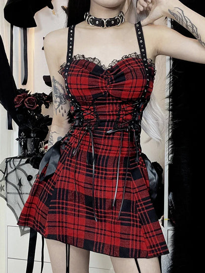 Red Plaid Street Goth Fairy Y2K Pleated Lace-Up Tube Lolita Eyelet Corset Mini Dress