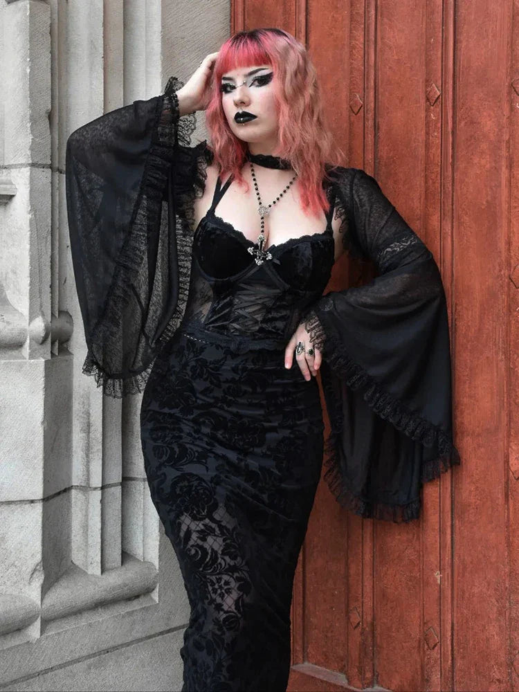 Velvet Corset Bandage Harajuku Club Midi Mesh Street Gothic Lace Sling Print Dress