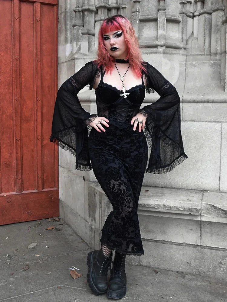 Velvet Corset Bandage Harajuku Club Midi Mesh Street Gothic Lace Sling Print Dress