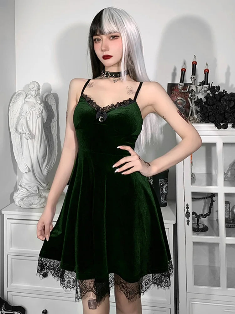 Velvet Spaghetti Strap Backless Moon Pendant Colorful Lace Trim A-Line Waist-in Sleeveless Corset Outfit