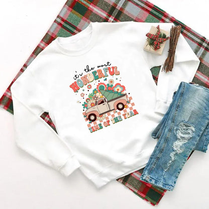 Wonderful Time Printed Party Holiday Sweater Xmas Outfit Christmas Hoodie White 6 / S Hoodies-L