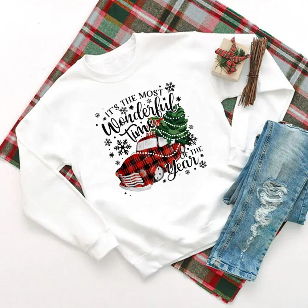 Wonderful Time Printed Party Holiday Sweater Xmas Outfit Christmas Hoodie White 4 / S Hoodies-L
