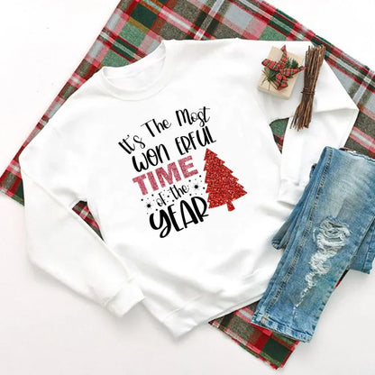 Wonderful Time Printed Party Holiday Sweater Xmas Outfit Christmas Hoodie White 8 / S Hoodies-L
