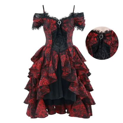 Japanese Gothic Style Red Black Halloween Off-Shoulder Court Wave Autumn Dark High-Waist Lolita Party Outfit