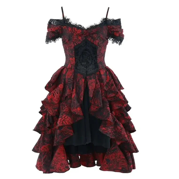 Japanese Gothic Style Red Black Halloween Off-Shoulder Court Wave Autumn Dark High-Waist Lolita Party Outfit