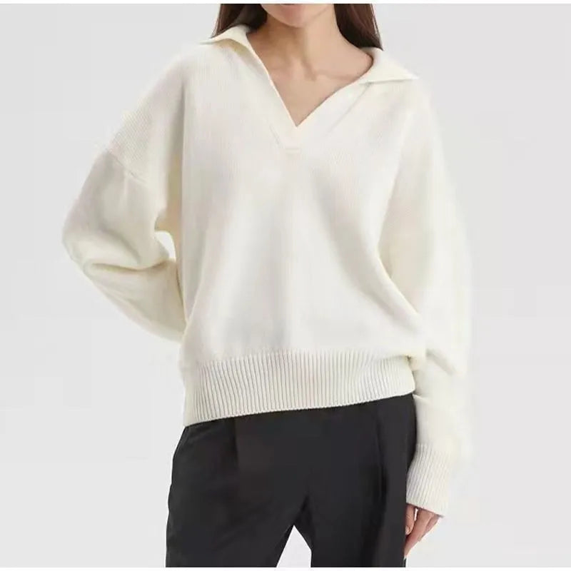 Chic Polo Collar Casual Oversized Solid Color Knitted Christmas Sweater Ivory / S Sweaters-L