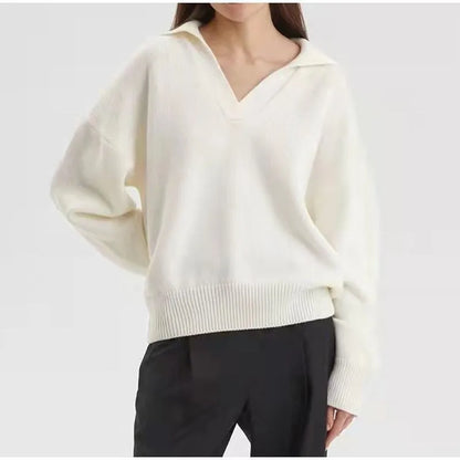 Chic Polo Collar Casual Oversized Solid Color Knitted Christmas Sweater Ivory / S Sweaters-L