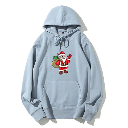 Jolly Santa Claus Cartoon Print Long Sleeve Chic Christmas Hoodie Light Blue / S Hoodies-L
