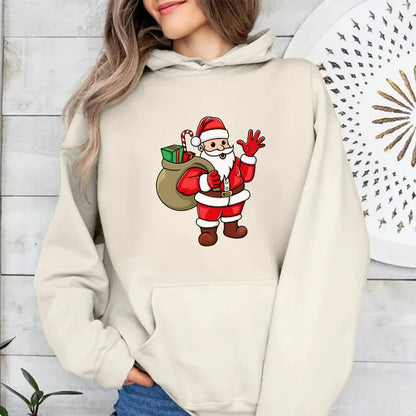 Jolly Santa Claus Cartoon Print Long Sleeve Chic Christmas Hoodie Khaki / S Hoodies-L