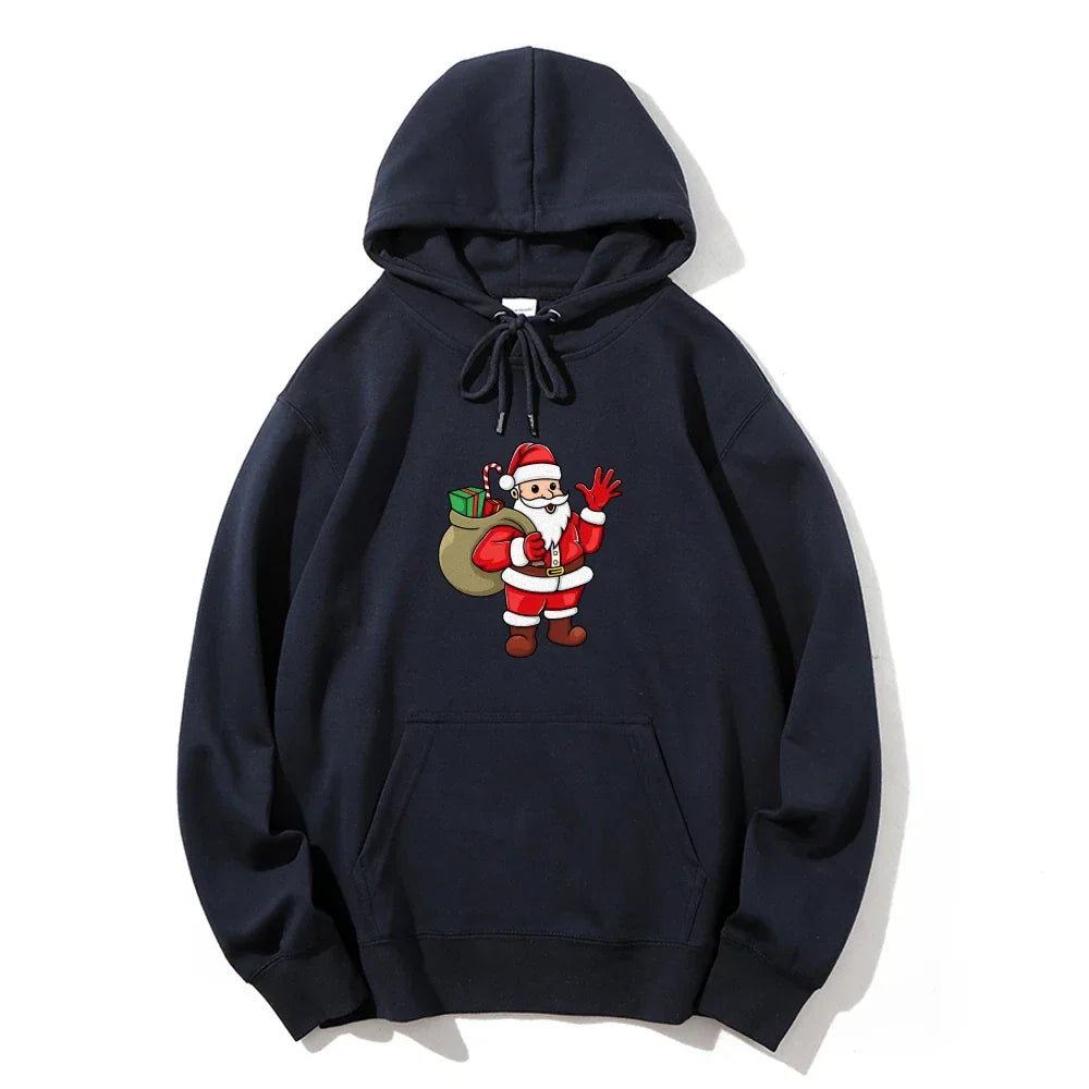 Jolly Santa Claus Cartoon Print Long Sleeve Chic Christmas Hoodie Deep Blue / S Hoodies-L