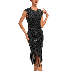 JuliaFashion - Knee Length Flapper Tassels Hem Sequined Great Gatsby Midi Dress