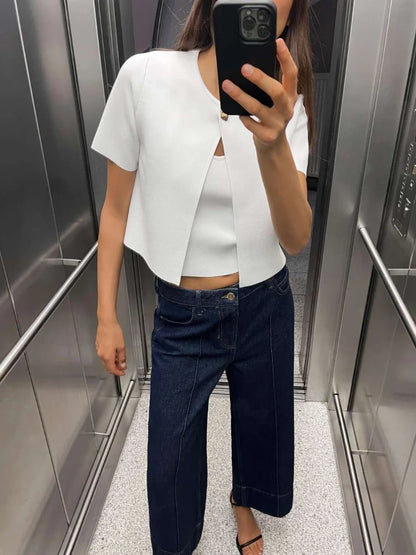 Elegant One Button Red Short Sleeve Cardigan 01 White / S Cardigan-241208