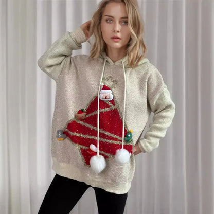 Korea Style Christmas Tree Hooded Loose Ugly Chic Casual Knitwear Sweater Sweaters-L