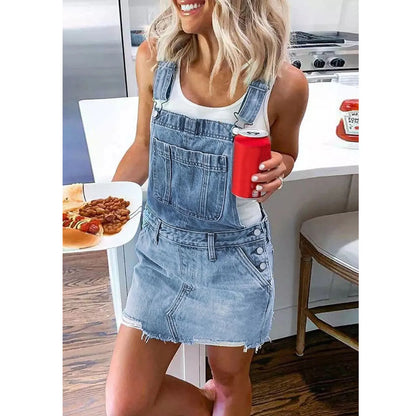 JuliaFashion - Korean Solid Front Pockets Medium-Length Denim Overalls Bib Long Playsuit Suspender Jeans Button Jumpsuit Dress