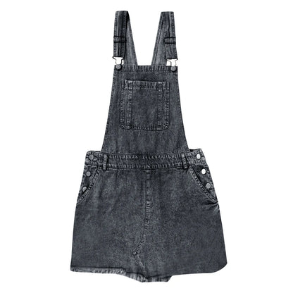 JuliaFashion - Korean Solid Front Pockets Medium-Length Denim Overalls Bib Long Playsuit Suspender Jeans Button Jumpsuit Dress