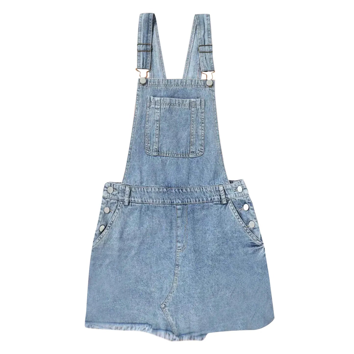 JuliaFashion - Korean Solid Front Pockets Medium-Length Denim Overalls Bib Long Playsuit Suspender Jeans Button Jumpsuit Dress