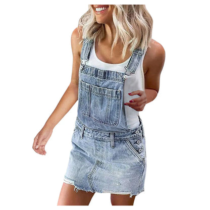 JuliaFashion - Korean Solid Front Pockets Medium-Length Denim Overalls Bib Long Playsuit Suspender Jeans Button Jumpsuit Dress