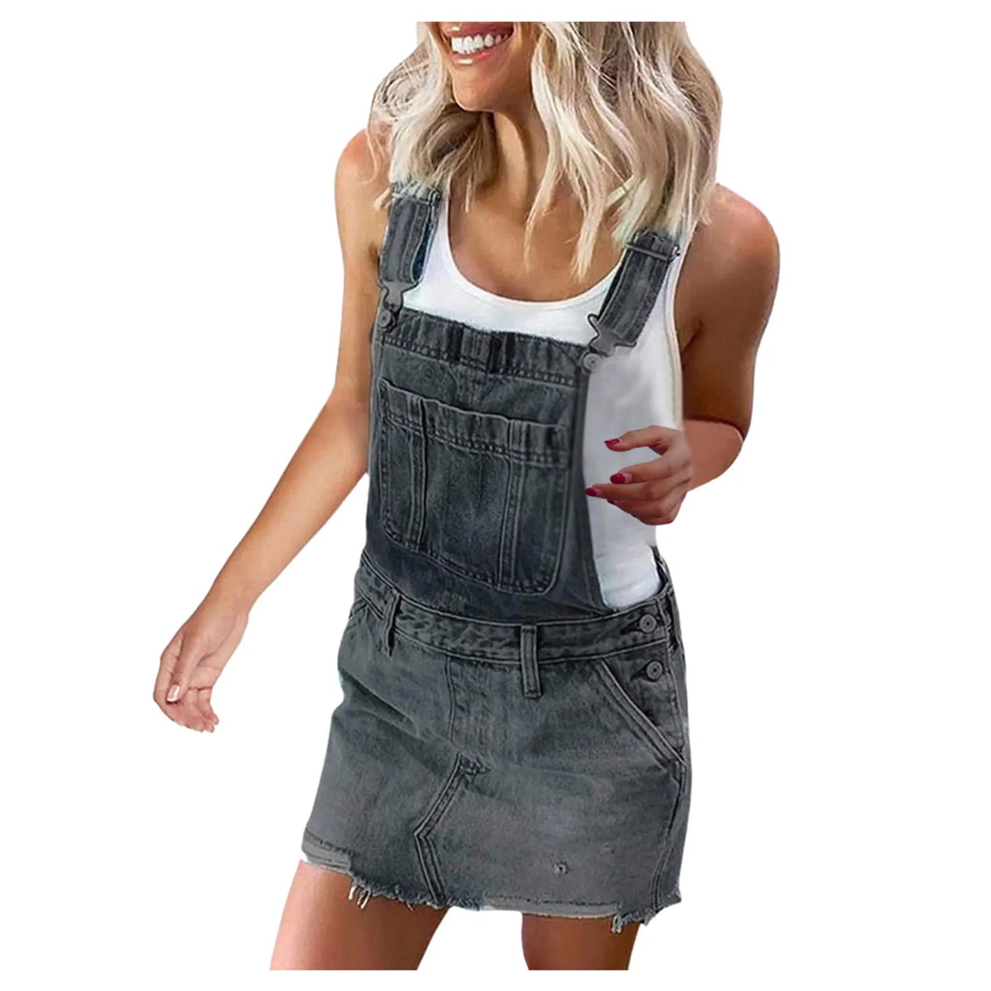 JuliaFashion - Korean Solid Front Pockets Medium-Length Denim Overalls Bib Long Playsuit Suspender Jeans Button Jumpsuit Dress