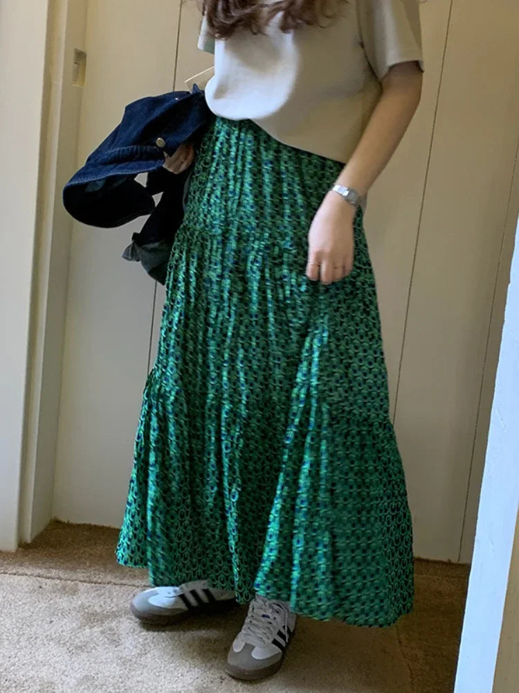 Korean Style Casual Classic Ladies Maxi Floral Skirt Loose A-line skirt-250126