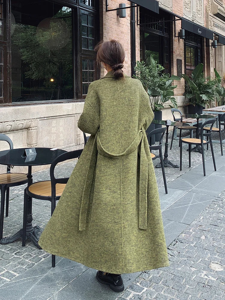 Green Wool Lapel Double-Breasted Overcoat