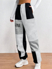 Color Block Jogger Letter Patchwork Print Knitting Casual Slant Pocket Pants Black / S