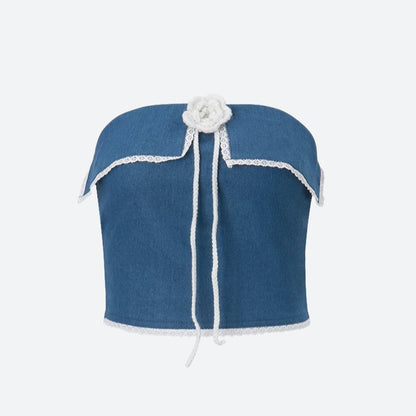 Lace Trim Denim Tube Top