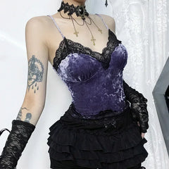 Lace Gothic Aesthetic Velvet Grunge Punk Bodycon V-Neck Elegant Classic Crop Top Purple / S