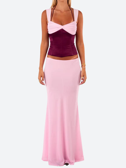 Lace Up Corset Top & Maxi Skirt Two Piece Set