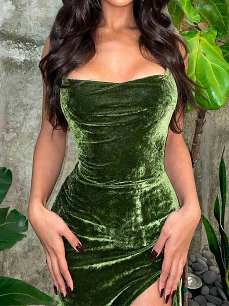 Julia Fashion - Lace Up Green Velvet Strap Side Slit Backless Bodycon Sexy Mini Dress