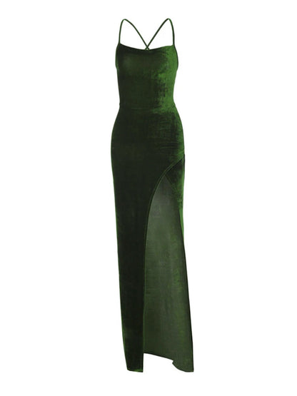 Julia Fashion - Lace Up Green Velvet Side Slit Backless Sexy Prom Elegant Party Mini Dress