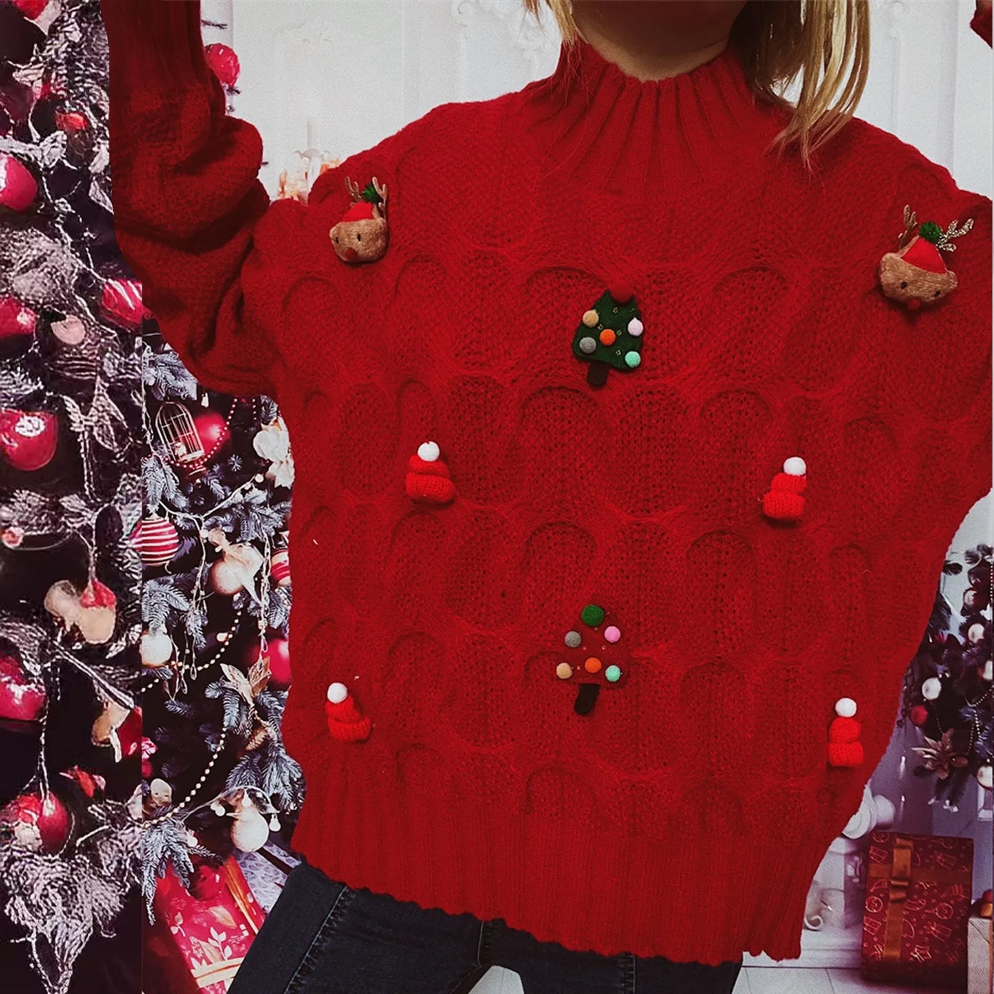 Fashionable Autumn Winter Xmas Loose Round Neck Print Knitted Christmas Sweater Sweaters-L