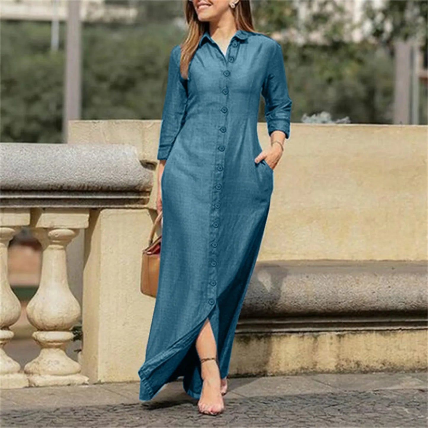 JuliaFashion - Ladies Denim Solid Color 2024 Summer New Shirt Collar Button Long Denim Mom Skirt Women Elegant Casual Wear Dress