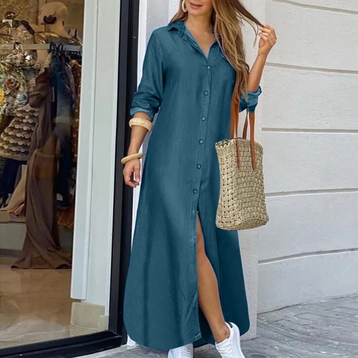 JuliaFashion - Ladies Denim Solid Color 2024 Summer New Shirt Collar Button Long Denim Mom Skirt Women Elegant Casual Wear Dress