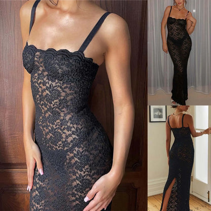 JuliaFashion - Ladies Lace Bodycon Fashion Solid Sexy See Through Lace Splicing Sleeveless Backless Bag Hip Elegant Women Party Dress