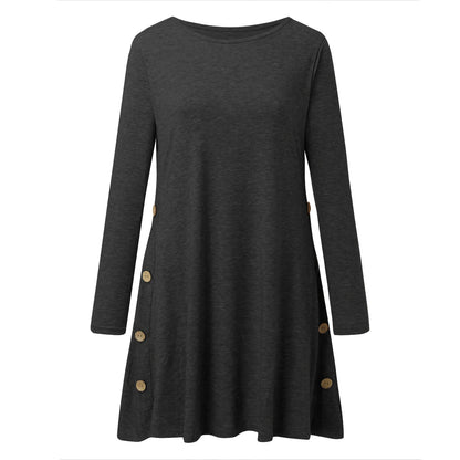 JuliaFashion - Ladies Round Neck Long Sleeve Solid Color Cotton Knit Buckle Pocket A Line Fashion SunFor Women Autumn 2024 Dress