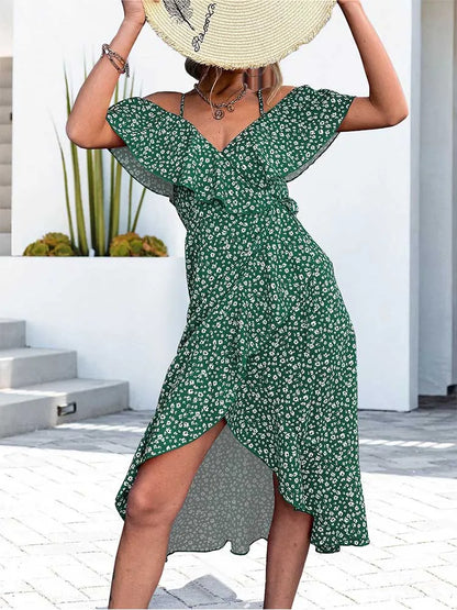 Julia Fashion - Ladies Straps Green Off Shoulder Ruffles Casual Beach Floral Print Mini Dress