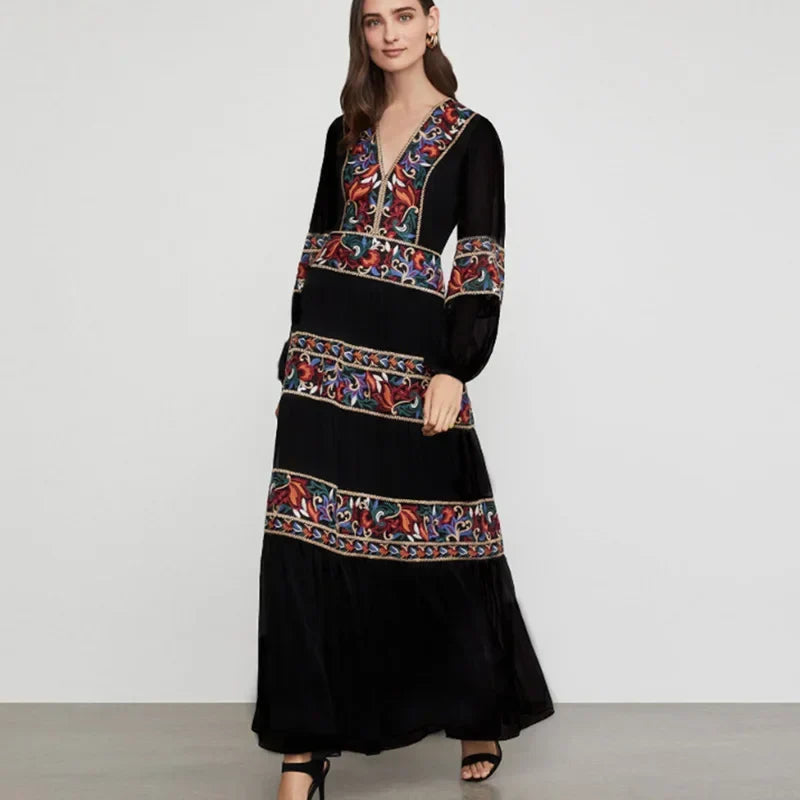 Lantern Long Sleeve V-neck Maxi Dress Black / S bohodress-250126