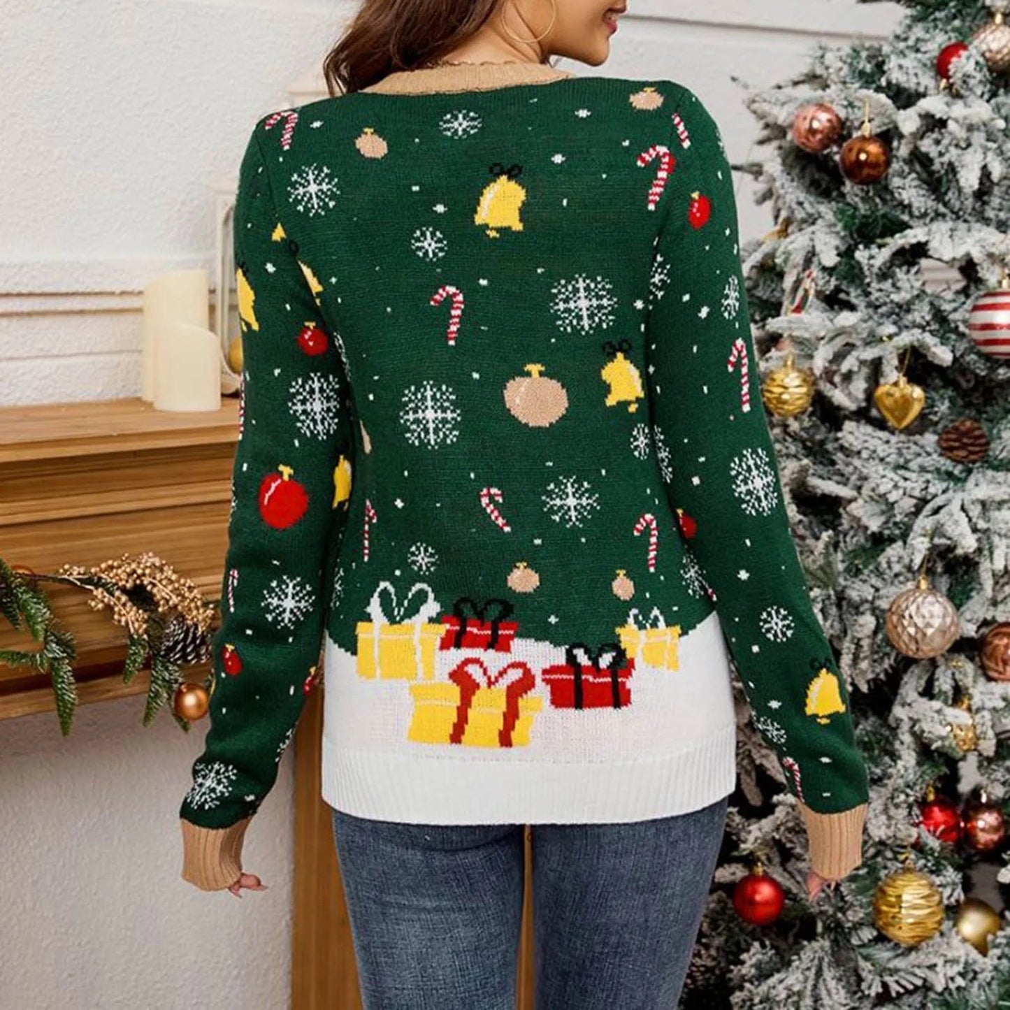 Autumn Winter Santa Jacquard Round Neck Retro Casual Christmas Sweater With Led Light Sweaters-L