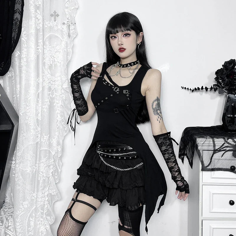 Y2K Goth Black Irregular Sleeveless Slim Vintage Summer Crop Top