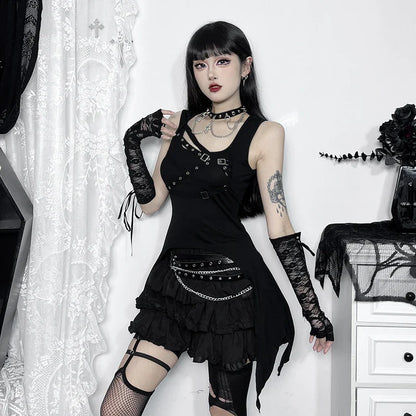 Y2K Goth Black Irregular Sleeveless Slim Vintage Summer Crop Top