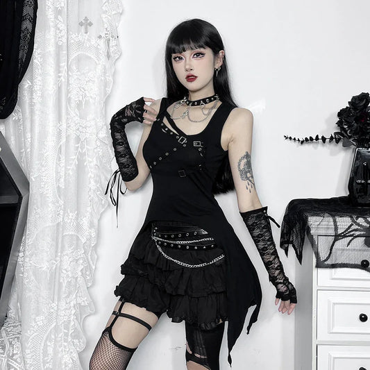 Y2K Goth Black Irregular Sleeveless Slim Vintage Summer Crop Top