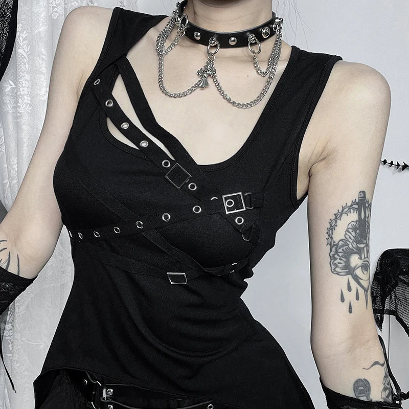 Y2K Goth Black Irregular Sleeveless Slim Vintage Summer Crop Top